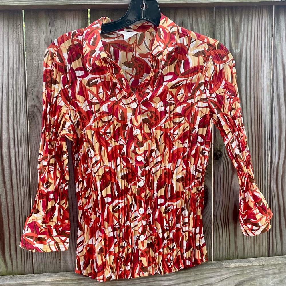 Y2K vintage sheer button down PS orange abstract top women’s small